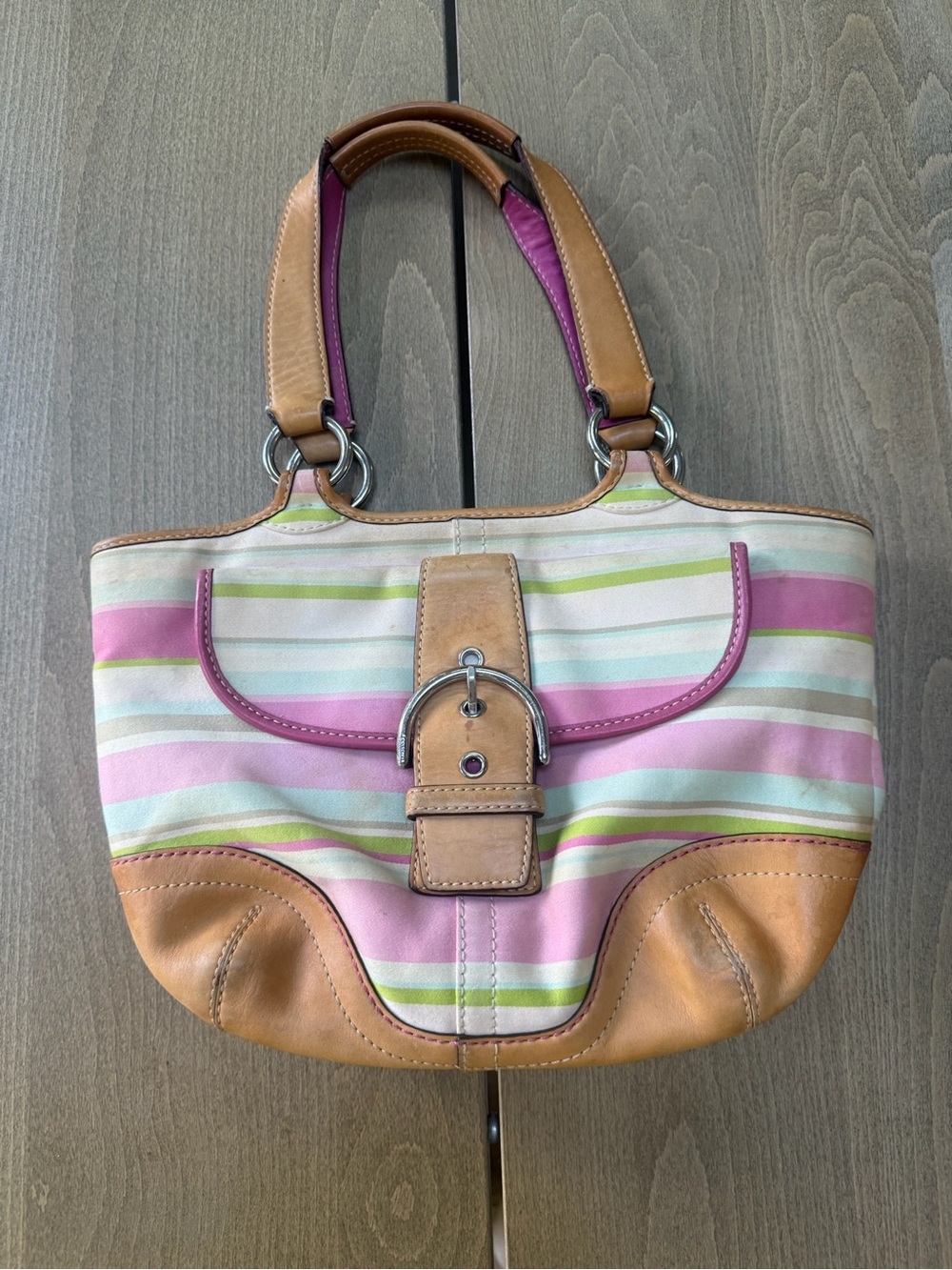 Coach Striped Pink, Green & Tan Shoulder Bag Hampton Y2K Vintage Rare